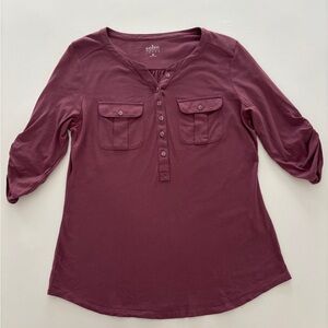 New York & Company Purple Brown Buttoned Polo Blouse